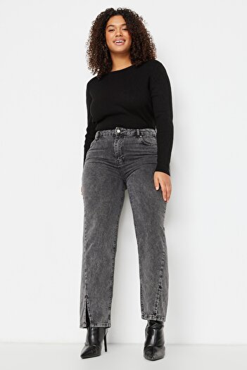 Trendyol Curve Anthracite High Waist Leg Detailed Booutcut Jeans TBBSS22JE0614