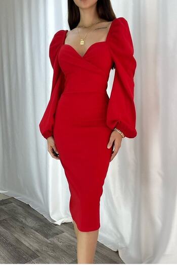 vuvutasarım New Season Women's Crepe Fabric Double Breasted Collar Chest Low-cut and Slit Detailed Midi Evening Dress