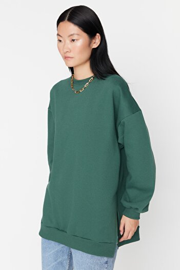 Trendyol Collection Zielona bluza oversize/z szerokim rozcięciem, szczegółowa, gruba polarowa bluza z dzianiny TWOAW23SW00195