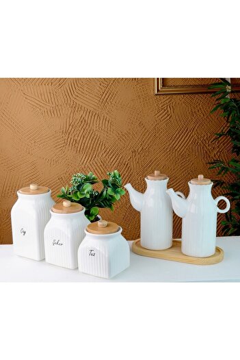 Pembelia Life 2-Piece 6-Piece Daisy Porcelain Oil Pot with Bamboo Stand and 3-Piece Tea Candy Salt Jar Set