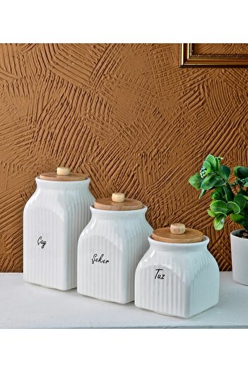 Pembelia Life 2-Piece 6-Piece Daisy Porcelain Oil Pot with Bamboo Stand and 3-Piece Tea Candy Salt Jar Set