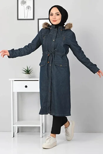 Modamihram Petrol Colored Zipper Detailed Denim Coat - Mi̇h9735
