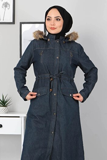Modamihram Petrol Colored Zipper Detailed Denim Coat - Mi̇h9735