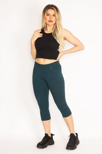 Şans Women's Large Size Green Leggings with Front Decoration and Back Pockets 65n35202