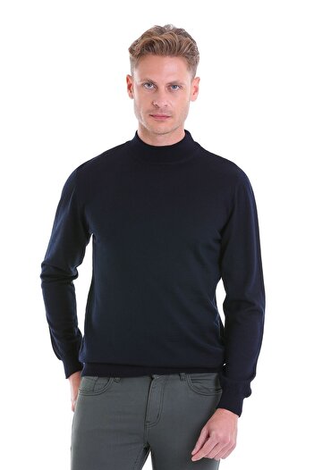 Hatemoğlu Navy Blue Comfort Fit Plain Half Turtleneck Woolen Sweater