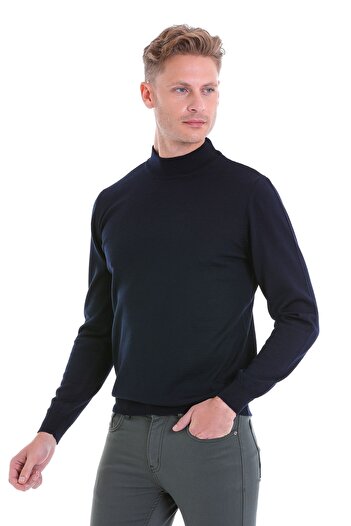 Hatemoğlu Navy Blue Comfort Fit Plain Half Turtleneck Woolen Sweater