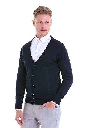 Hatemoğlu Синій Comfort Fit Прямий V-подібний комір Вовняний трикотажний кардиган