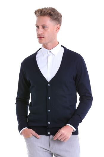 Hatemoğlu Синій Comfort Fit Прямий V-подібний комір Вовняний трикотажний кардиган