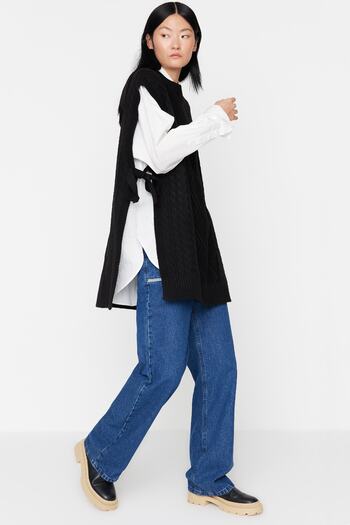 Trendyol Modest Black Tie Waist Braided Knitwear Sweater TCTAW22UV0018