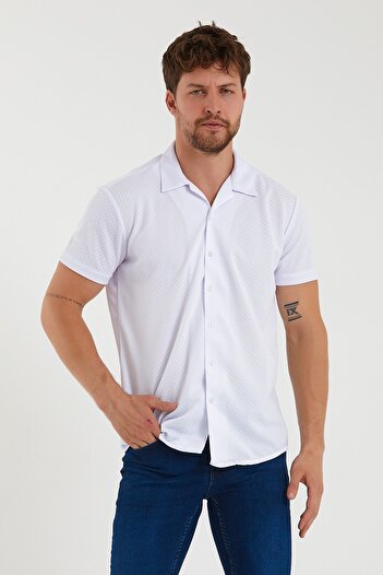BUCADO Men's White Honeycomb Patterned Open Collar Short Sleeve Summer Shirt