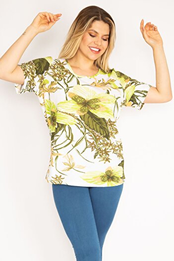 Şans Women's Large Size Green Cotton Fabric Flower Patterned Blouse 65n20833