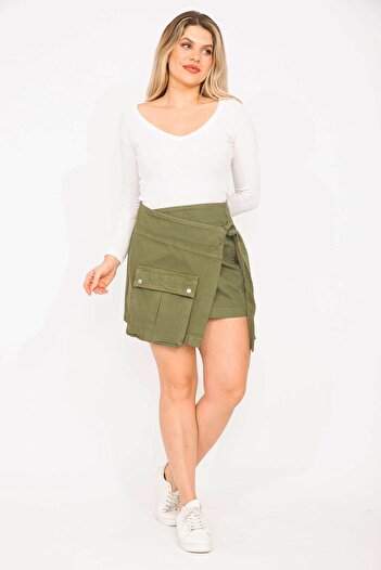 Şans Women's Large Size Khaki Gabardine Fabric Cargo Pocket Waist Wrap Skirt 65n35278