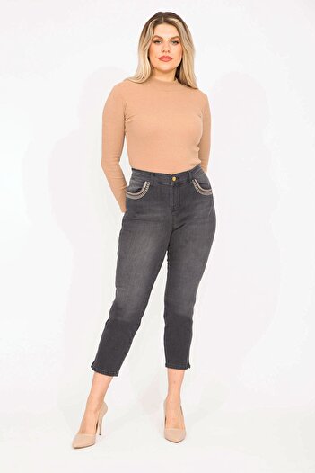 Şans Women's Large Size Anthracite Pocket Detailed Lycra 5 Pocket Jeans 65n35270