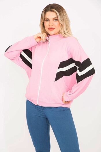 Şans Women's Large Size Pink 2 Thread Fabric Front Zipper and Stripe Detailed Sweatshirt 65n35299