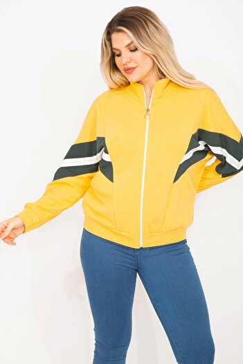 Şans Women's Large Size Yellow 2 Thread Fabric Front Zipper and Stripe Detailed Sweatshirt 65n35299