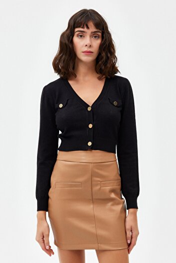 Açelya Okcu High Waist Fleto Pocket Detailed Vegan Leather Skirt