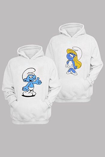 Merkür Store Unisex Beyaz Sevgili Kombini Şirinler Baskılı Kapüşonlu Sweatshirt Takım 2'li