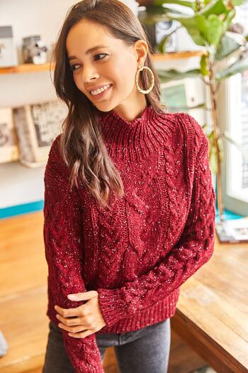 Olalook Women's Burgundy Half Fisherman Hair Braided Glitter Knitwear Sweater KZK-19000503