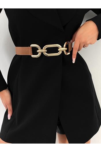 laughs Women's Tan Gold Chain Buckle Elastic Dress Jacket Coat Belt Kmr4411