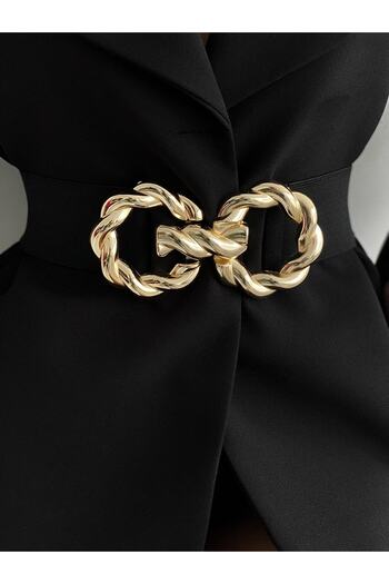 laughs Women's Black Gold Interlocking Twist Buckle Elastic Dress Jacket Belt Kmr1066