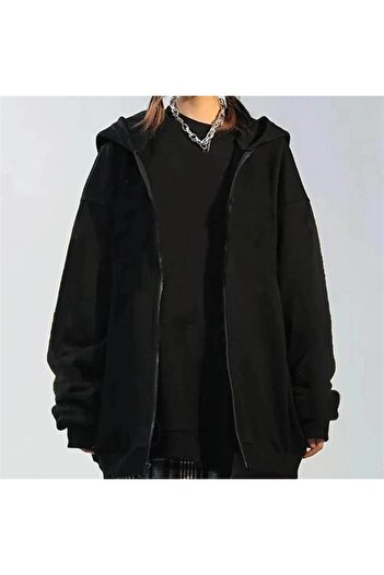Touz Moda Dompuleri Fashion Street Style Plain Oversize Black Unisex Hooded Cardigan