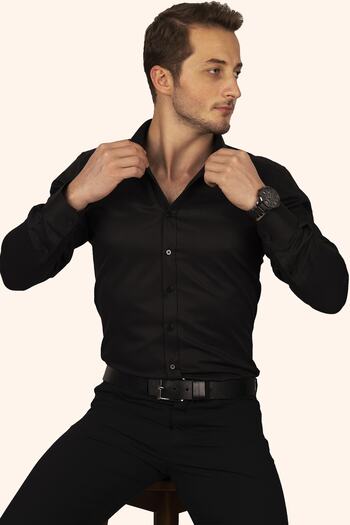 Etikmen Black Dobby Patterned Slimfit Men's Shirt with Gift Box