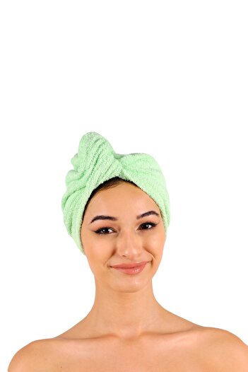 DensHaus 100% Cotton Mint Flat Eponge Buttoned Towel Hair Drying Cap