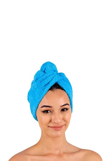 DensHaus 100% Cotton Blue Plain Eponj Buttoned Towel Hair Drying Cap