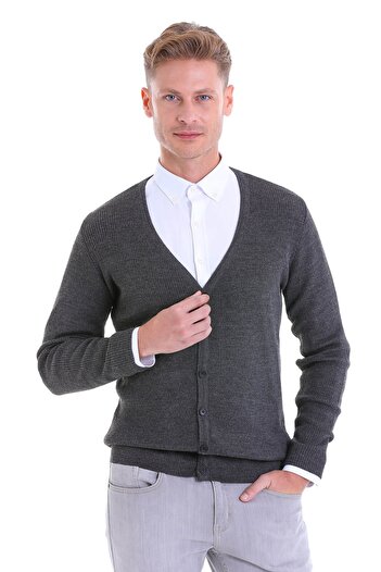 Hatemoğlu Gray Regular Fit Patterned V-Neck Wool Knitwear Cardigan