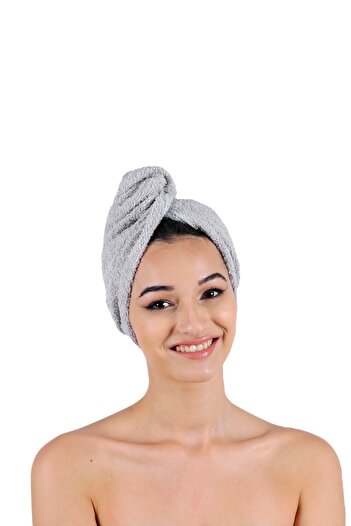 DensHaus 100% Cotton Gray Plain Eponj Buttoned Towel Hair Drying Cap