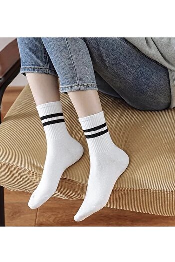 dm del more 3 Çift Unisex Yıkamalı Renkli Çizgili Kolej Tenis Çorap