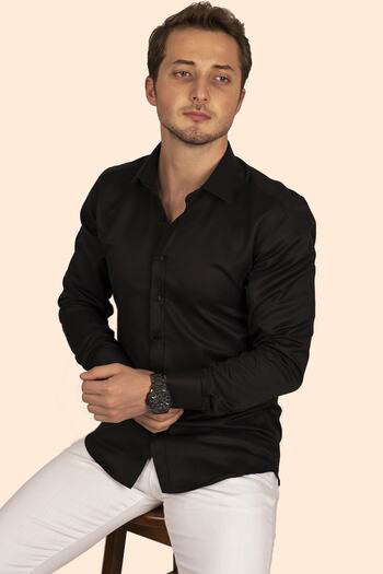 Etikmen Black Dobby Patterned Slimfit Men's Shirt with Gift Box