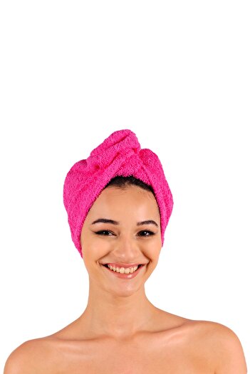 DensHaus 100% Cotton Fuchsia Plain Eponj Buttoned Towel Hair Drying Cap