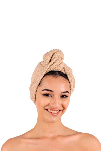DensHaus 100% Cotton Beige Brown Plain Eponj Buttoned Towel Hair Drying Cap