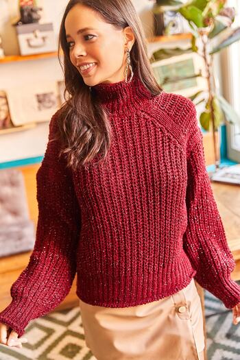 Olalook Women's Burgundy Half Fisherman Soft Textured Thick Knitwear Sweater KZK-19000508