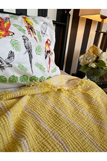 YASEMİNİNEVİ Lemon Yellow Ecru Striped Single Muslin Bedspread/pike