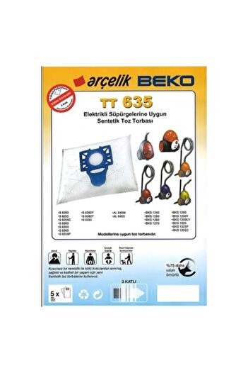 Universal Beko Bks1270 - Σακούλα σκόνης ηλεκτρικής σκούπας TT 635, Συσκευασία των 5