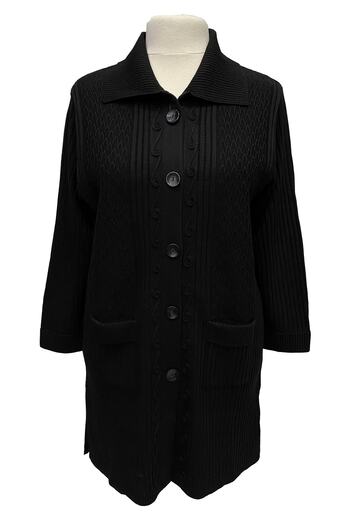 MERSA Black Turn-Down Collar Double Pocket Buttoned Long Steel Knitted Mother Cardigan