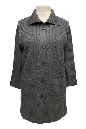 MERSA Gray Turn-Down Collar Double Pocket Buttoned Long Steel Knitted Mother Cardigan
