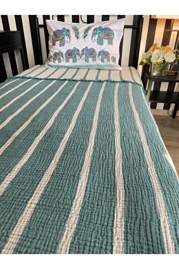 YASEMİNİNEVİ Turquoise/ Ecru, Striped Single Muslin Bedspread/pike