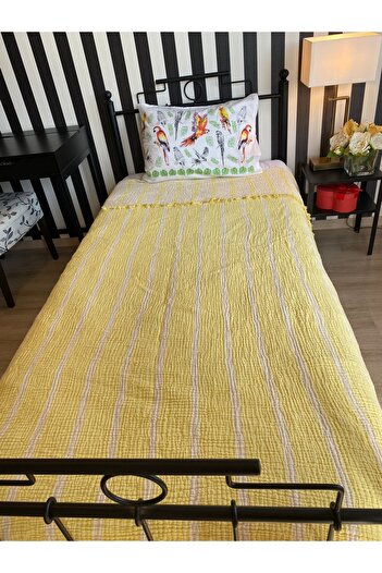 YASEMİNİNEVİ Lemon Yellow Ecru Striped Single Muslin Bedspread/pike