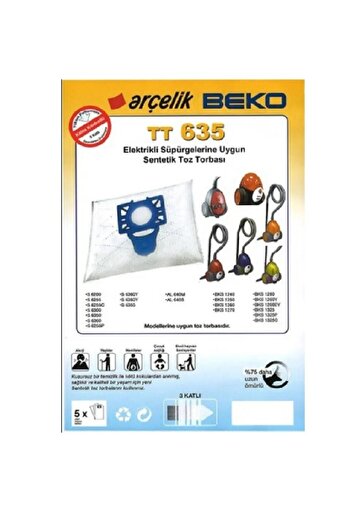 Universal S6355 Model Arçelik Sac de praf pentru aspirator - Pachet de 5 TT 635
