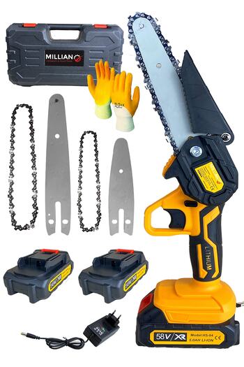 Millian 58 V 5 Ah 10-15 cm Uzun Kısa Pala Ve Zincir 2x Akü Çantalı Şarjlı Dal Kesme Budama Testere Makine