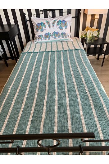 YASEMİNİNEVİ Turquoise/ Ecru, Striped Single Muslin Bedspread/pike