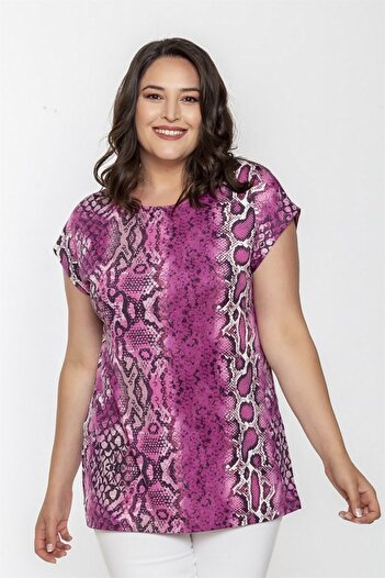 Seamoda Round Neck Snake Pattern Slit Blouse-pink
