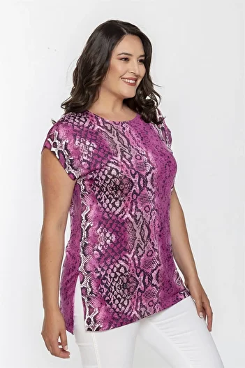 Seamoda Round Neck Snake Pattern Slit Blouse-pink