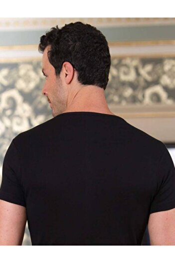 Şahinler Чоловічий чорний V-подібний комір з короткими рукавами Ribana T-shirt 6 штук Me028