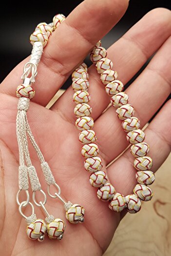 OTTOTESBİH 1000 Sterling Silver Kazaziye Rosary - Yellow, Red and Silver Colors, 37 Gr All