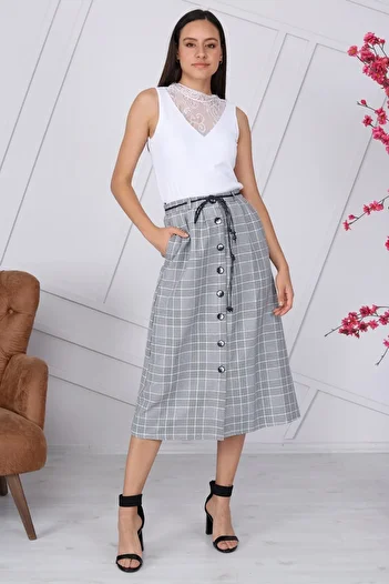 apsen Front Buttoned Plaid Skirt 2072/80