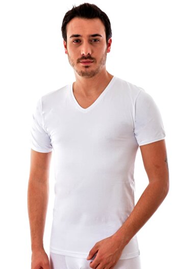 Tutku White Ribbed V-Neck Flexible Men's Undershirt